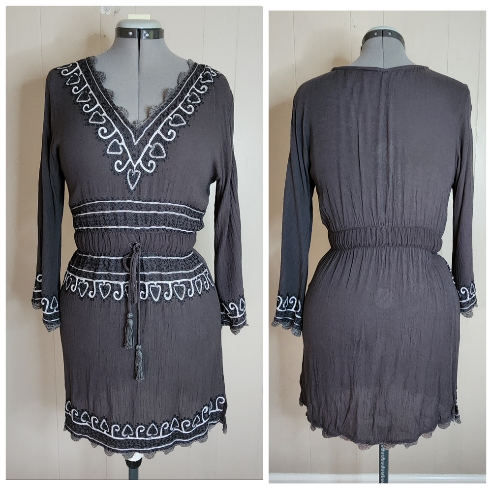 Letarte swim cover-up coverup dress boho mini gray crochet embroidery crinkle M